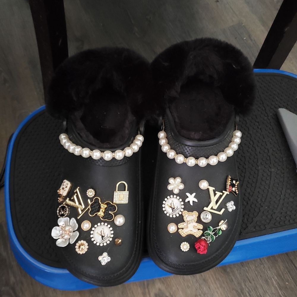 CROCS Black Embellished Mules with Pearls